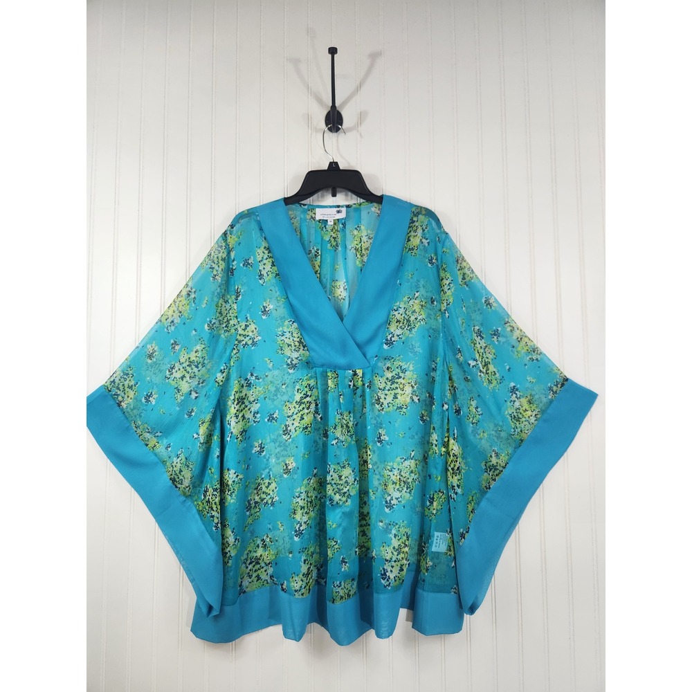 Liz Lange Turquoise Floral Kaftan Tunic Top Size 1X Swim CoverUp Beach Sheer